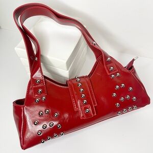 Red Studded Shoulder Bag - Women's Chic Shoulder Bag